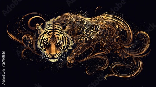 Ornate Tiger Design on Dark Background. Potential Stock Photo photo