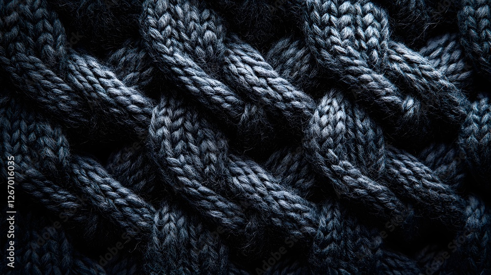 Close-up view of a dark blue cable knit fabric. The image showcases the intricate texture and detail of the knitted design. Perfect as a background or for textile designs Macro detail. Close-up view of a dark blue cable knit fabric. The image showcases the intricate texture and detail of the knitted design. Perfect as a background or for textile designs Macro detail.