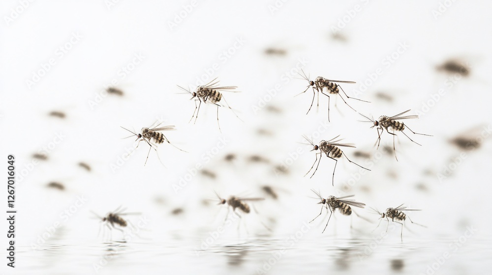 Swarm of Mosquitoes Flying Against a Soft White Background, Capturing Their Movement Swarm of Mosquitoes Flying Against a Soft White Background, Capturing Their Movement