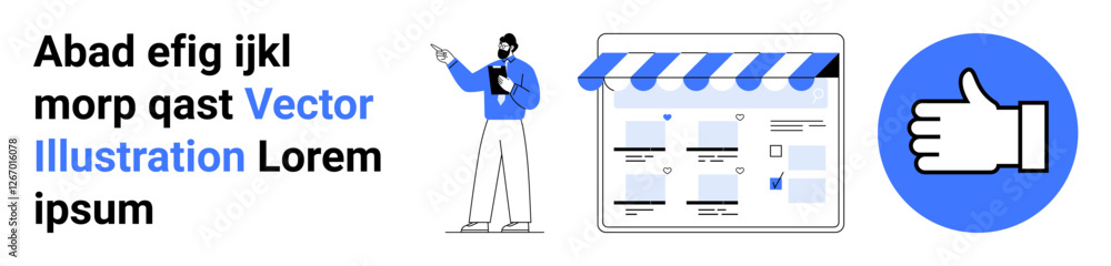 Business professional pointing at web design, a content layout plan, thumbs up approval icon. Ideal for web development, user experience, online marketing, design presentation, client success Business professional pointing at web design, a content layout plan, thumbs up approval icon. Ideal for web development, user experience, online marketing, design presentation, client success