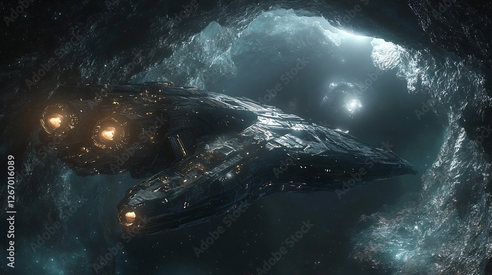 Fototapeta premium Spaceship bravely navigates dark icy cavern glowing subtly with ethereal light. AI Generated