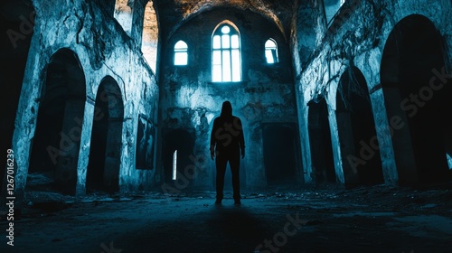 Mysterious Figure in Decaying Fortress with Eerie Shadows photo