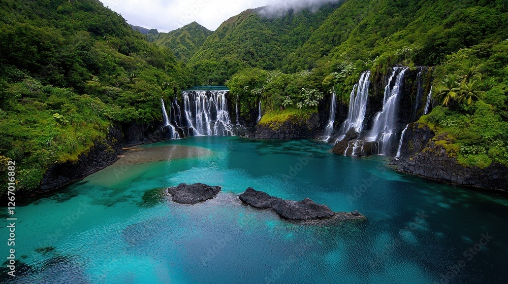 Fototapeta premium Serene Tropical Waterfall Surrounded by Lush Green Mountains and Crystal Clear Lagoon