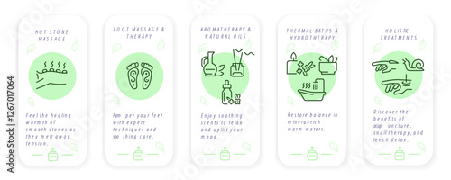 Alternative Medicine icons. Hot stone massage, aromatherapy, hydrotherapy, holistic treatment. Infographics for mobile app, presentations. Vector illustration