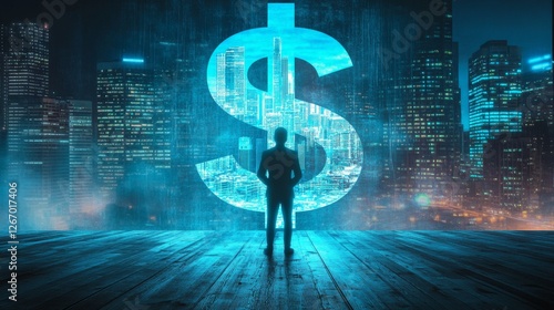 a man standing in front of the dollar sign symbol with a blue glow