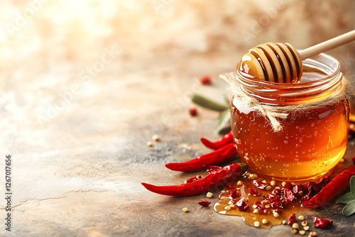Hot chili honey jar with copy space