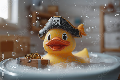 Rubber duck pirate enjoying treasure in bubble bath