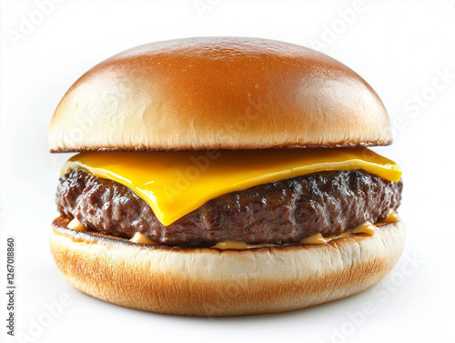 patty beef burger with slice cheese. simple burger. side angle view. solid white background, food photography, delicious photo