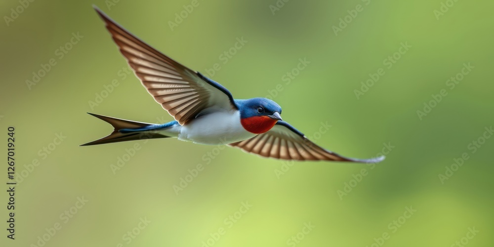 Fototapeta premium A swallow bird in mid-flight displays striking blue and red plumage as it soars gracefully against a soft, blurred green backdrop typical of springtime