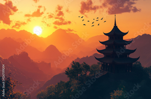 A beautiful Japanese temple nestled in the mountains at sunset 