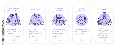 Business Conferences icons. Educational opportunities, networking, industry trends, showcases. Infographics for mobile app, presentations. Vector illustration