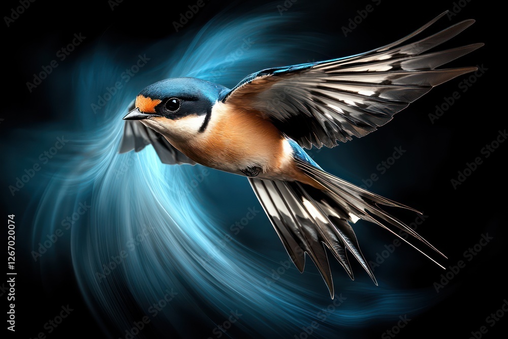 Naklejka premium A swallow bird glides gracefully in mid-air, showcasing its striking colors and delicate wings, embodying the spirit of spring as it seeks food and mates