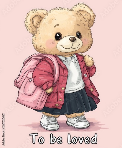 Playful cartoon teddy bear wearing school-style outfit with red jacket and pink bag, carrying inspirational text. Perfect for youth fashion branding, product packaging, and lifestyle blog graphics. photo