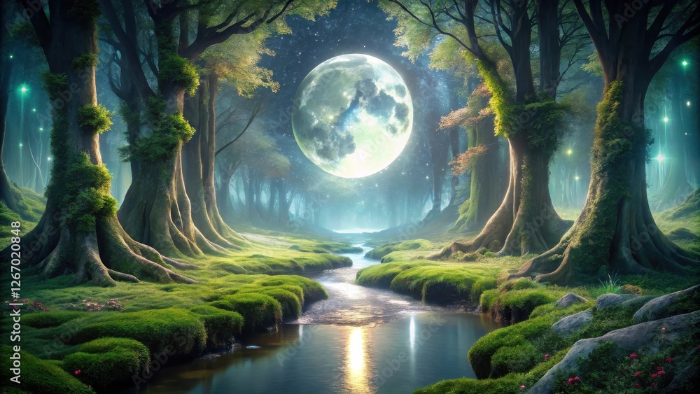Obraz premium Enchanted Moonlight Forest Stream Serene Night Scene with Mossy Trees and Glowing Lights