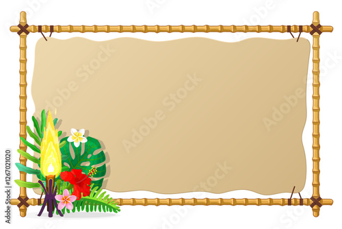 vector cartoon tropical exotic plants, burning torch and bamboo signboard. Hand drown design.
