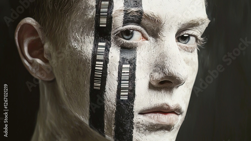 Digital dystopia: Portrait with barcodes painted across pale skin, suggesting human commodification and technological assimilation in a stark monochrome palette photo