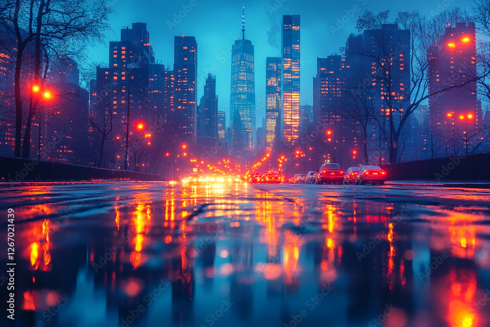 Fototapeta premium City Lights Reflecting, Urban Nightscape with Illuminated Roads and Skyscrapers