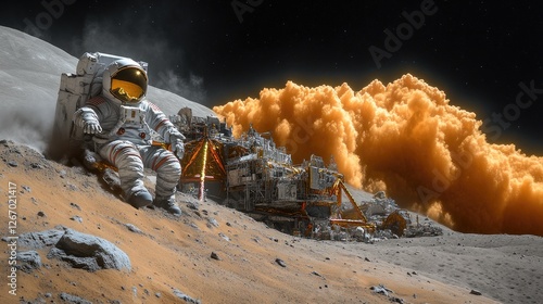 Astronaut resting on the lunar surface with a futuristic mining facility and orange dust clouds in the background photo