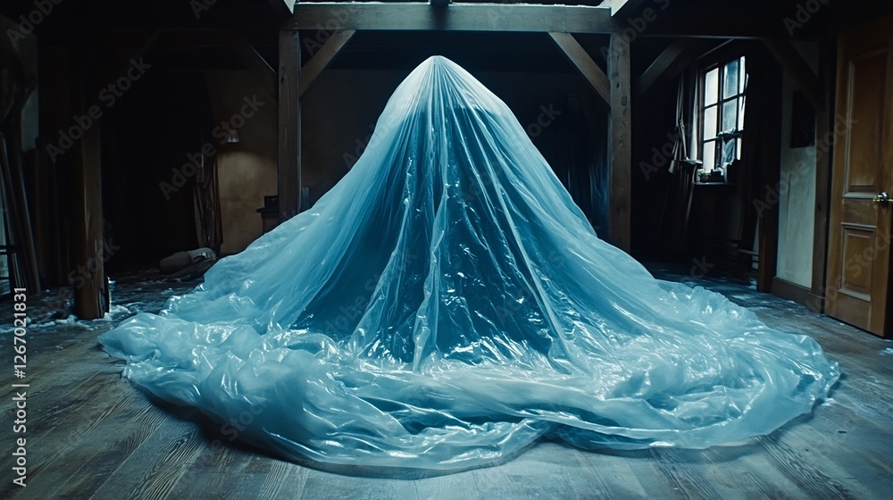 Mysterious Figure Hidden Under Blue Plastic Sheet in Attic. AI Generated Mysterious Figure Hidden Under Blue Plastic Sheet in Attic. AI Generated