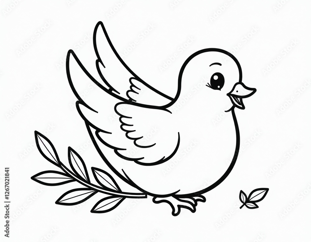 Fototapeta premium Cute Cartoon Dove with Olive Branch - Coloring Page Illustration