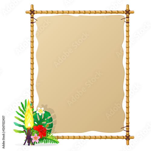 vector cartoon tropical exotic plants, burning torch and bamboo signboard. Hand drown design.