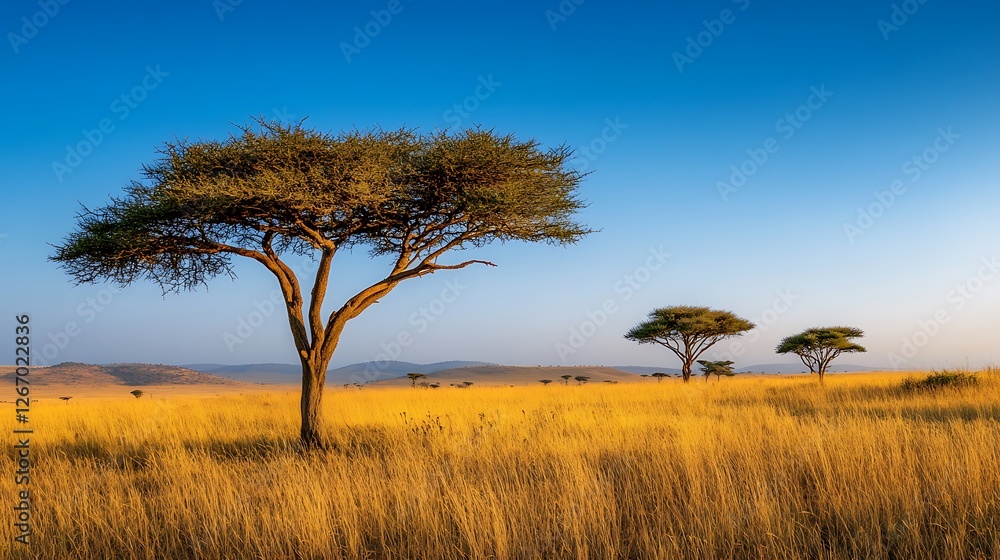 Golden savanna landscape with acacia trees under a clear blue sky Golden savanna landscape with acacia trees under a clear blue sky