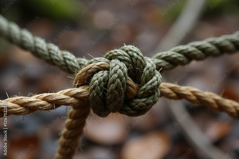 A detailed outdoor survival scene featuring a close-up of a strong knot tied with two contrasting ropes—one made of rugged paracord and the other a thick natural jute rope. The knot is centered, highl A detailed outdoor survival scene featuring a close-up of a strong knot tied with two contrasting ropes—one made of rugged paracord and the other a thick natural jute rope. The knot is centered, highl