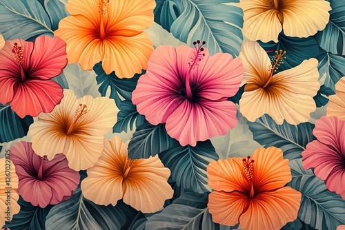 Wallpaper Mural A pattern of hibiscus flowers in the style Torontodigital.ca