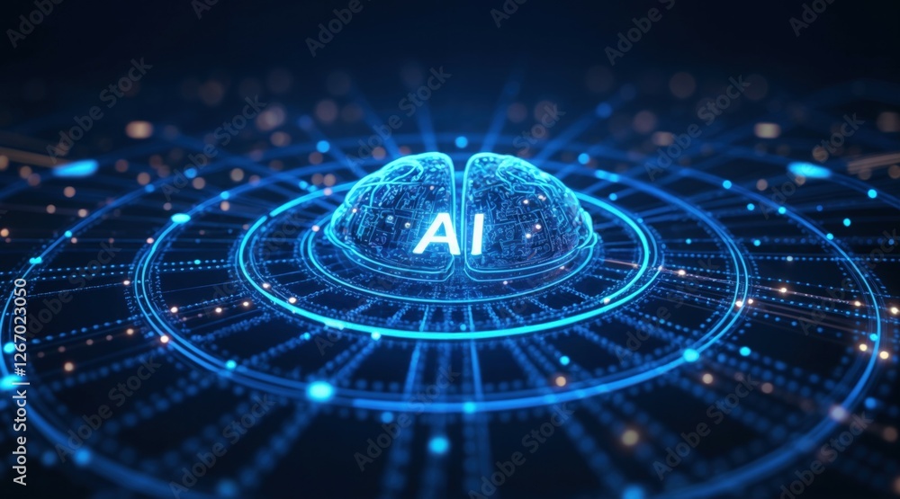 Abstract visualization of artificial intelligence: digital brain with AI core, glowing circular background, dynamic light trails, neural network connections, futuristic data processing concept, tech s Abstract visualization of artificial intelligence: digital brain with AI core, glowing circular background, dynamic light trails, neural network connections, futuristic data processing concept, tech s