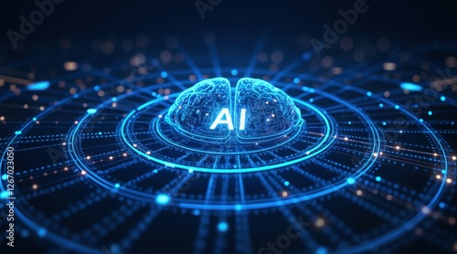 Abstract visualization of artificial intelligence: digital brain with AI core, glowing circular background, dynamic light trails, neural network connections, futuristic data processing concept, tech s
