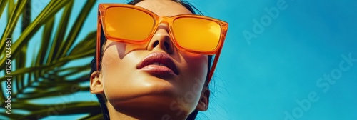 Close-up, a model in orange sunglasses who looks bold and colorful, with exotic palm leaves, summer style, bright sky and charming atmosphere. photo