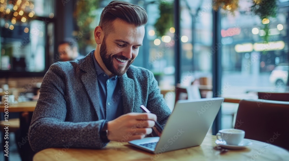 Trendy Office Worker Enjoying Coffee While Using Laptop in Cafe Trendy Office Worker Enjoying Coffee While Using Laptop in Cafe