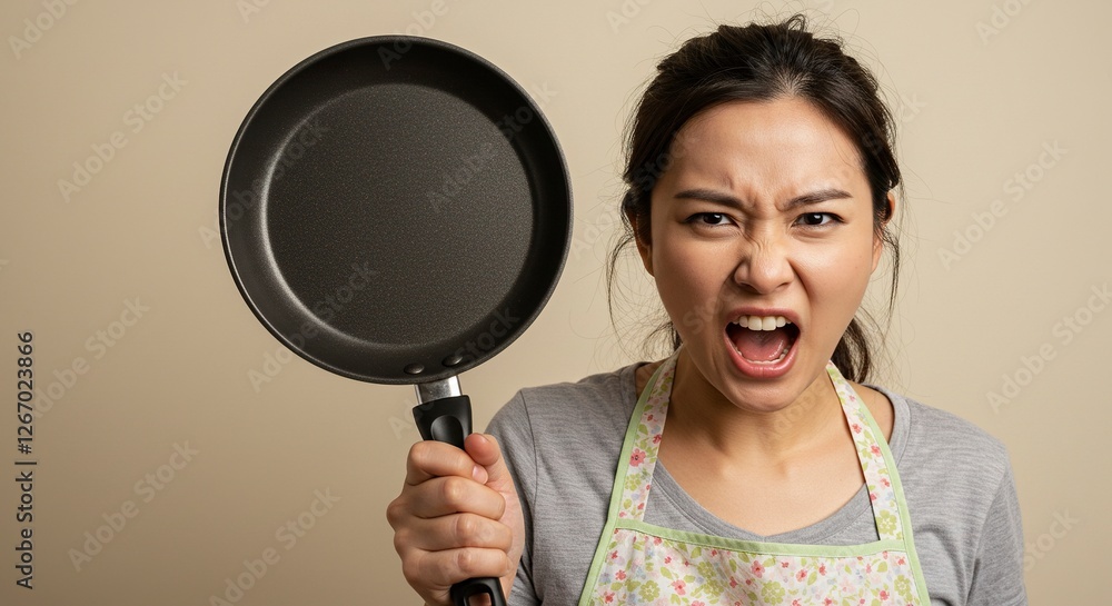 Angry Woman Holding Frying Pan Yelling with Kitchen Apron Frustration Angry Woman Holding Frying Pan Yelling with Kitchen Apron Frustration