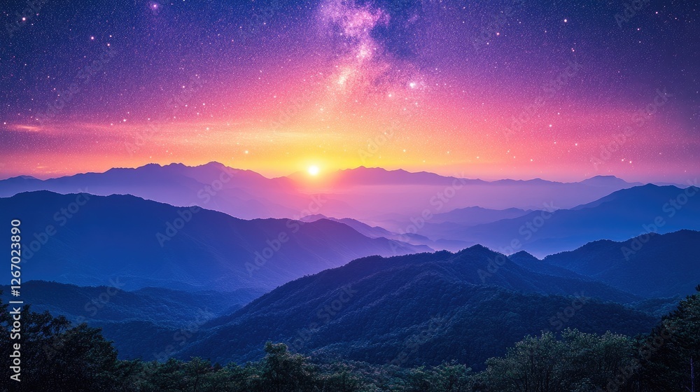 Breathtaking sunrise over majestic mountains with a starry sky, creating a serene and tranquil landscape Breathtaking sunrise over majestic mountains with a starry sky, creating a serene and tranquil landscape