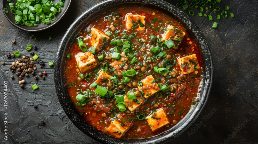 Mapo Tofu, with silky tofu cubes coated in a deep red spicy sauce, garnished with chopped scallions and Sichuan peppercorns, Mapo Tofu, with silky tofu cubes coated in a deep red spicy sauce, garnished with chopped scallions and Sichuan peppercorns,