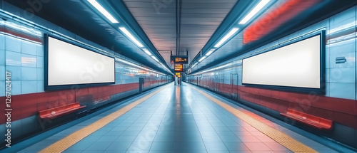 Fototapeta Naklejka Na Ścianę i Meble -  Subway station platform ad space, train blur