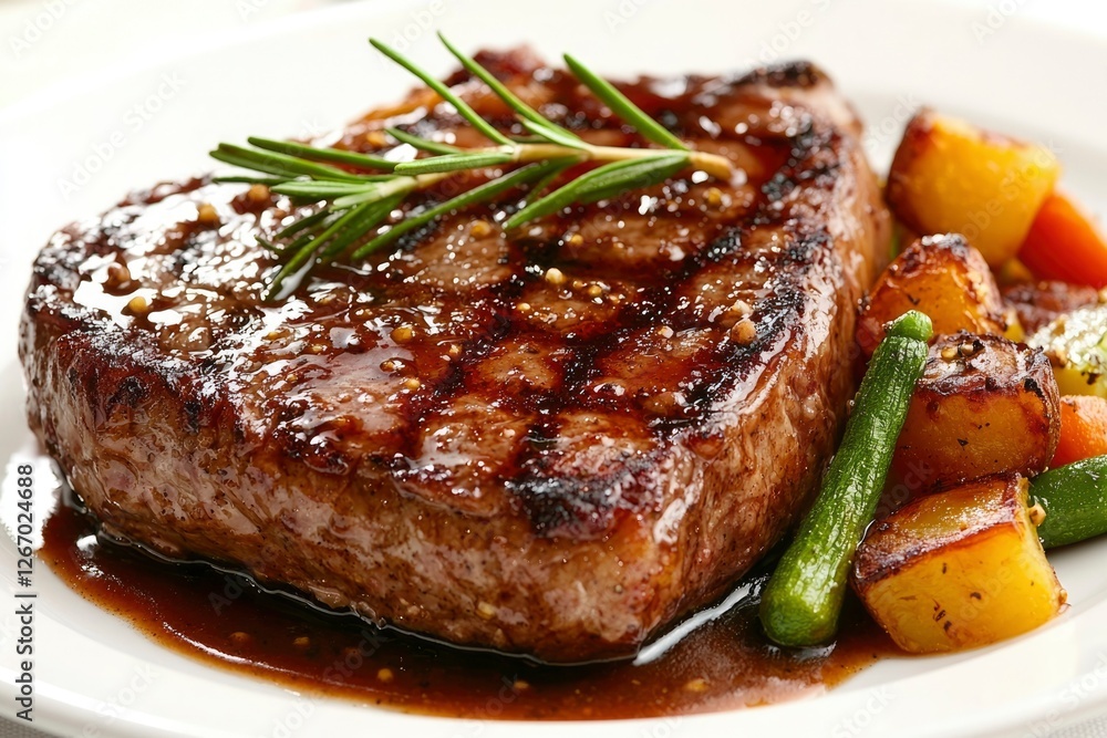 Juicy steak plate with vegetables in sauce for dinner meal Juicy steak plate with vegetables in sauce for dinner meal