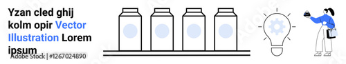 Four aligned bottles on a conveyor with cog-lightbulb and presenter holding a tablet. Ideal for creativity, innovation, manufacturing, technology, energy, presentations, education. Perfect for a flat