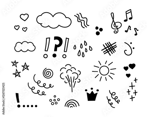 Hand drawn sketch marker elements, doodle set with heart, arrow, sun, swirly scribble brush pen stroke elements. Isolated. Vector illustration