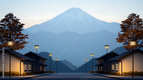 Serene twilight view of a quiet neighborhood with mountains in the background, showcasing tranquility