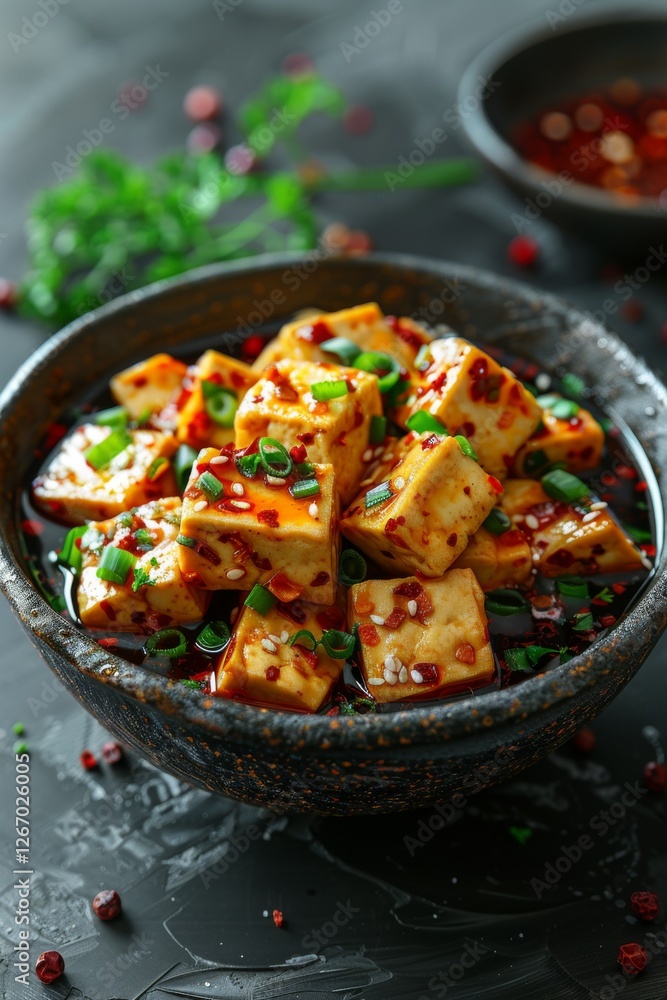 Mapo Tofu, with silky tofu cubes coated in a deep red spicy sauce, garnished with chopped scallions and Sichuan peppercorns,