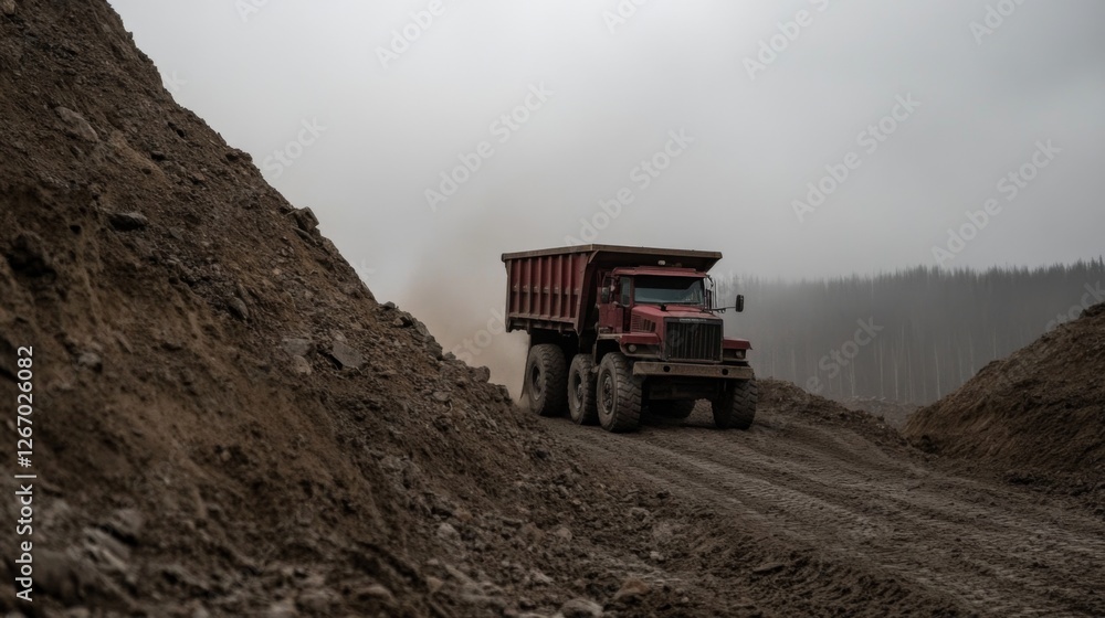 Fototapeta premium Red mining truck hauling ore, dusty quarry, forest background, industrial use