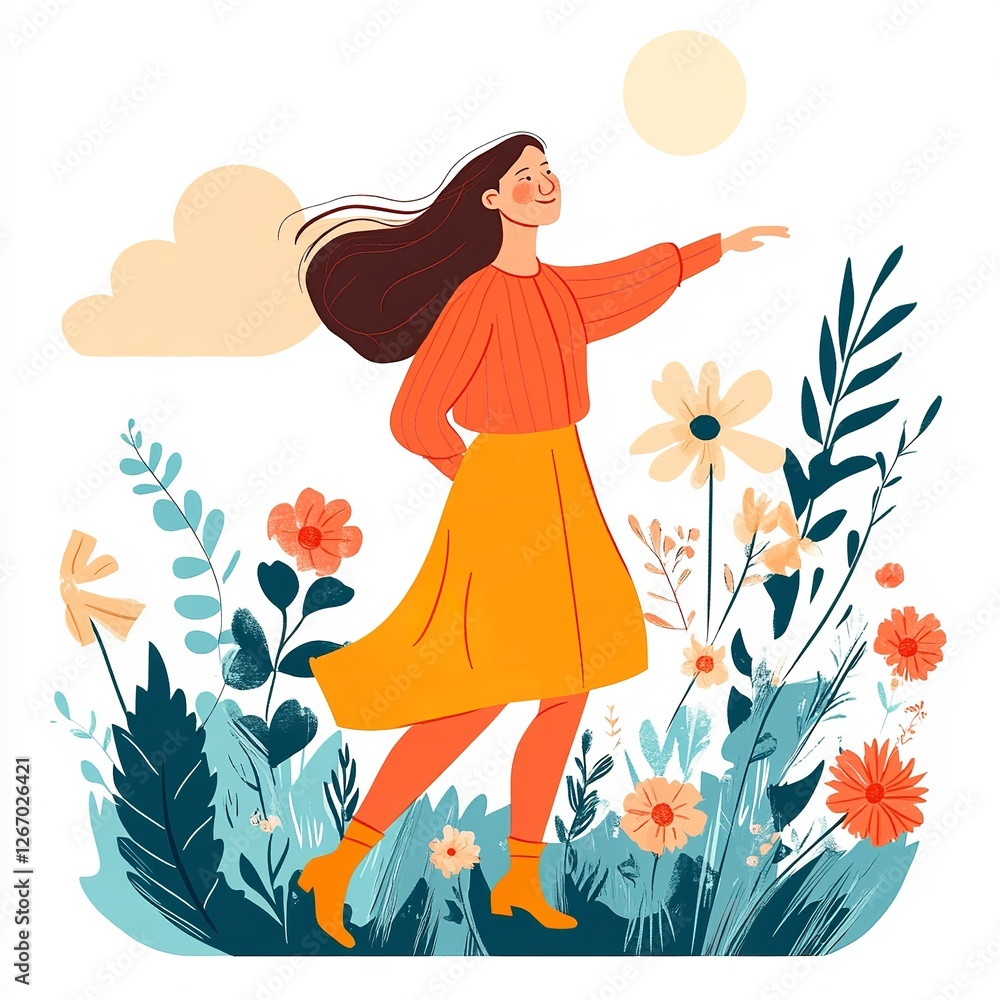 Happy Woman Walking in Colorful Spring Flower Garden Illustration Cheerful Girl Nature Scene Bright Yellow Orange Red Floral Design Pretty Botanical  