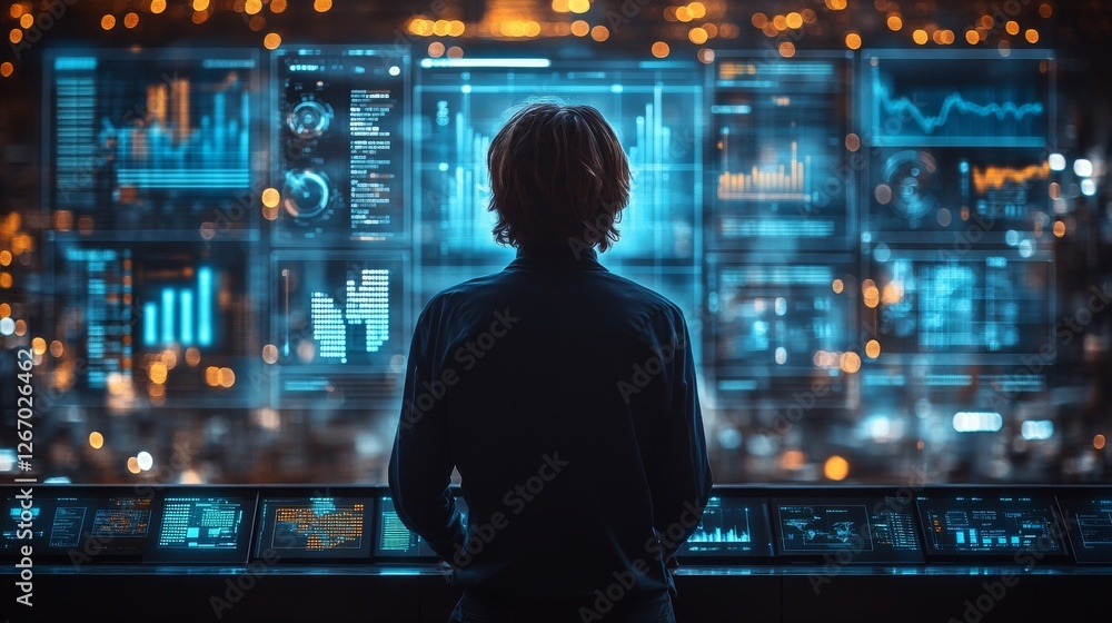 Person viewing futuristic digital data dashboards. Person viewing futuristic digital data dashboards.