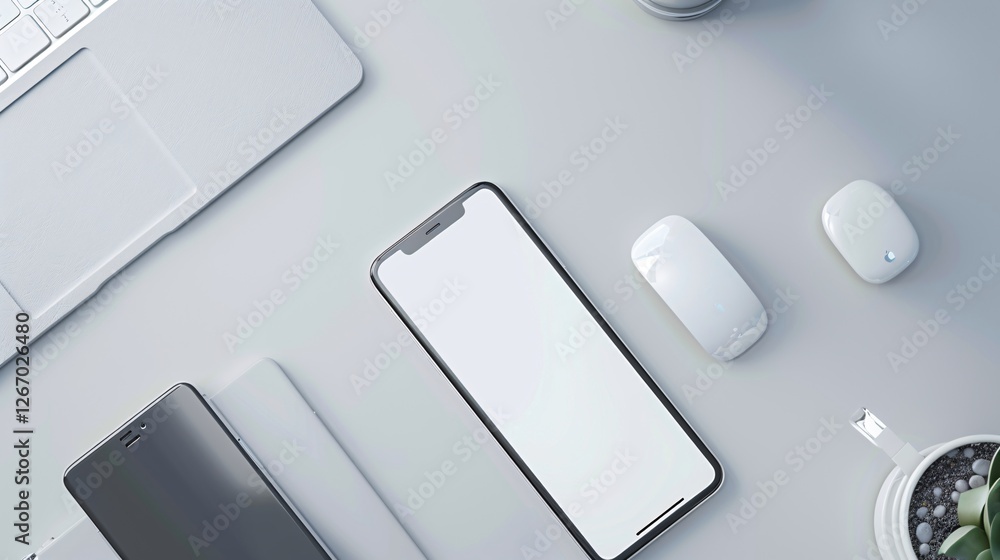 A white cell phone sits on a table next to a laptop and a mouse A white cell phone sits on a table next to a laptop and a mouse