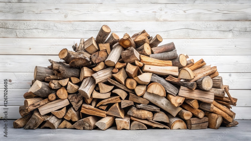 A substantial pile of neatly stacked firewood against a rustic white wood wall A substantial pile of neatly stacked firewood against a rustic white wood wall