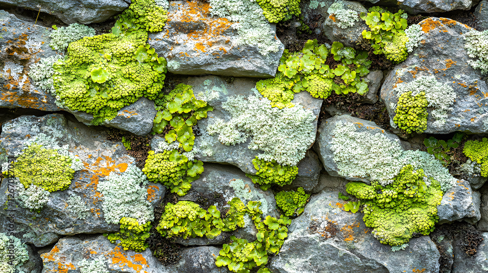 Green Lichen and Moss Growth on Rough Stone Wall Surface Nature Green Lichen and Moss Growth on Rough Stone Wall Surface Nature