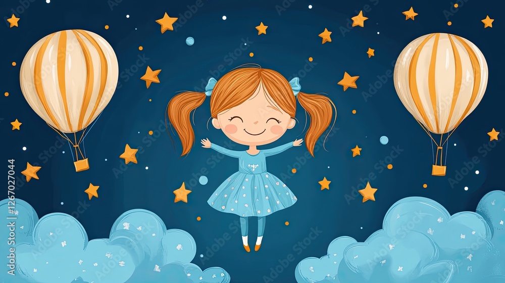 Cheerful girl in a blue dress joyfully floating among clouds and balloons under a starry sky Cheerful girl in a blue dress joyfully floating among clouds and balloons under a starry sky