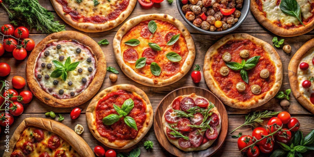Aromatic flatbreads with diverse toppings, arranged on a rustic wooden surface, accompanied by fresh herbs and cherry tomatoes. Aromatic flatbreads with diverse toppings, arranged on a rustic wooden surface, accompanied by fresh herbs and cherry tomatoes.