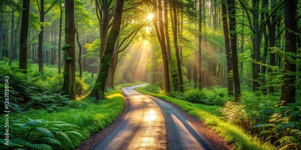 Obraz premium Sunlit Path Winding Through a Lush Green Forest